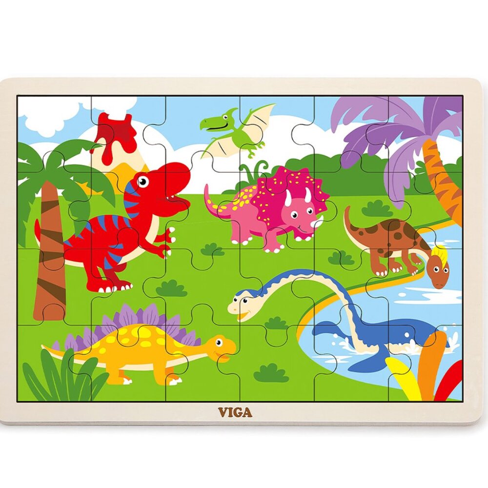 VIGA 24 Pcs Flat Wooden Puzzle w/Tray -Dinosaurs New Sealed For Age 2+